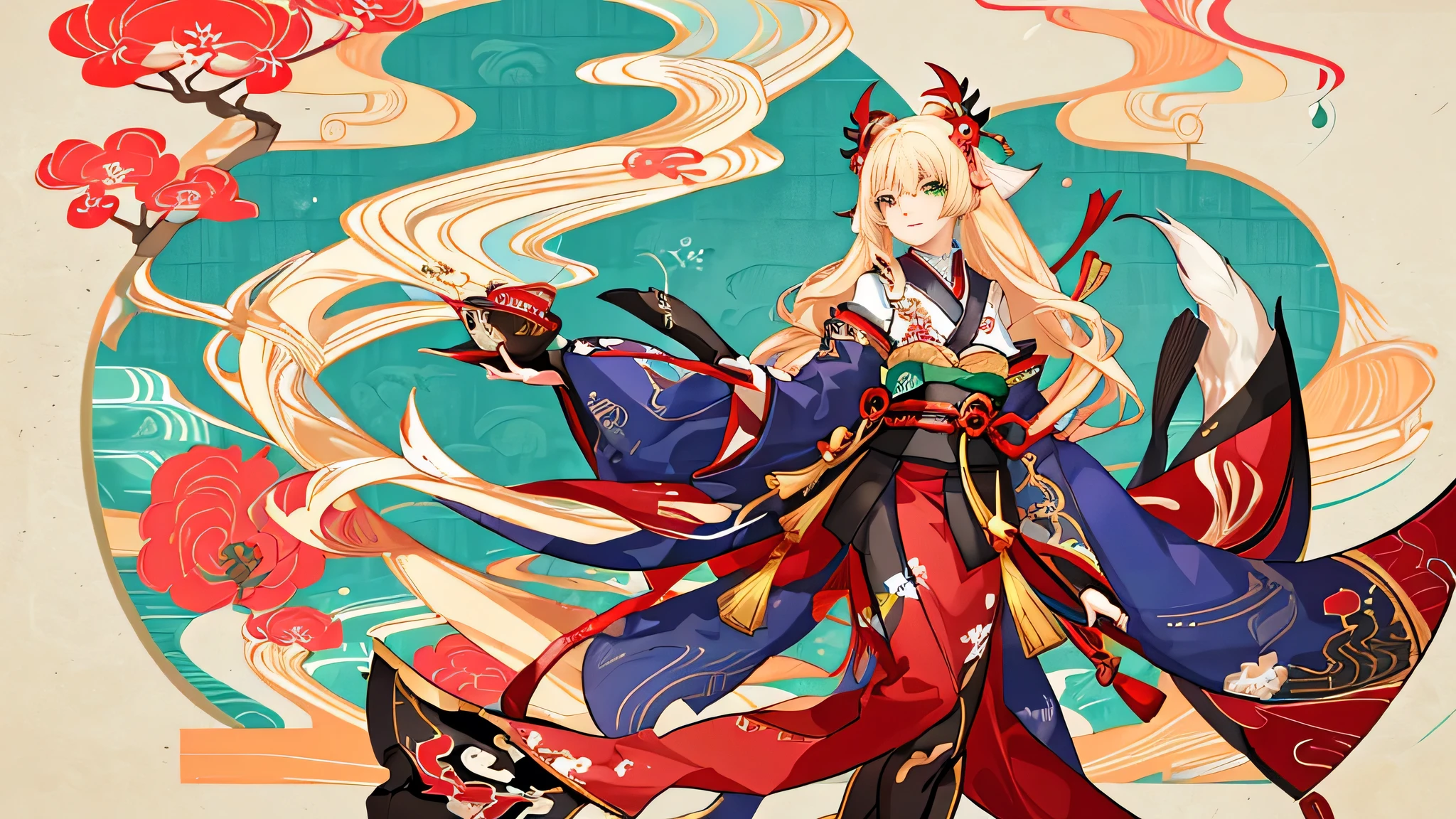 Four anime characters playing together in a traditional Japanese house. The first character is an anime girl in a kimono holding a sword and a fan, styled in onmyoji detailed art from the Sengoku period. The second character is an anime girl with long blonde hair and a red cape holding a cat, inspired by kitsune with kitsune-inspired armor. The third character is an anime deity with white hair, holding a sword with a dragon, in onmyoji detailed art. The fourth character is an anime girl in a green kimono holding a sword and a clock, styled in onmyoji detailed art, inspired by demon slayer rui fanart. High-resolution, anime style illustration, with a playful atmosphere in a traditional Japanese house.
