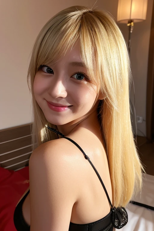 masterpiece, best quality, detailed, a BDSM mistress, 27 years old, japanese, cute, blonde hair, extremely detailed eyes and face, medium hair, looking down at viewer, seductive smile, Armpits, squatting, hyper realistic, back light, in bedroom