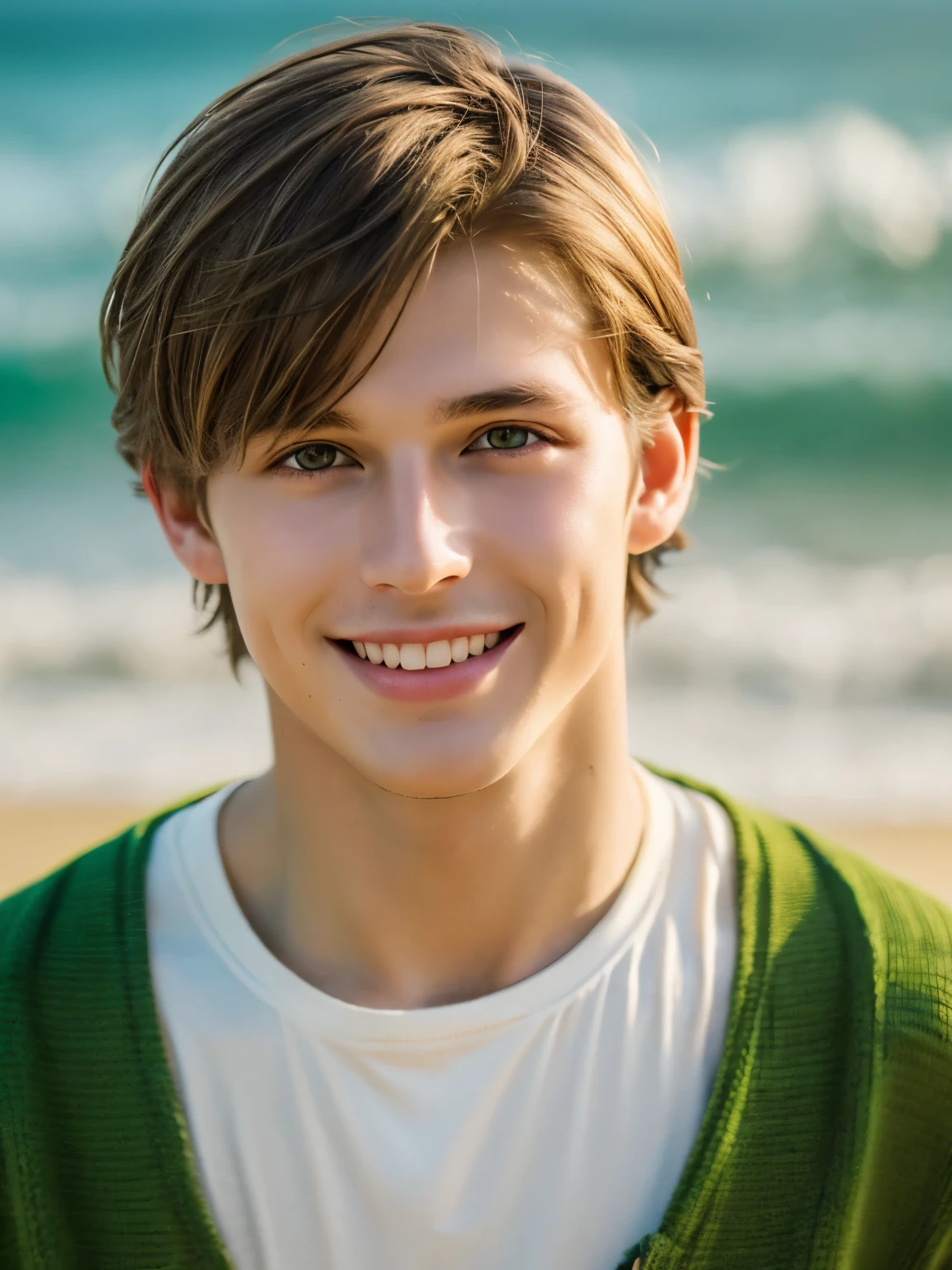 Cinematic soft lighting illuminates the beautiful space。, Very detailed, Beach look, Light brown hair ultra short messy, Bright green eyes, A captivating perfect smile, Sensual, Hot guys, so beautiful, Who'Trending in ArtStation?. The octane number is、that'It's the perfect tool to capture the smoothest details of this 16K photographic masterpiece.