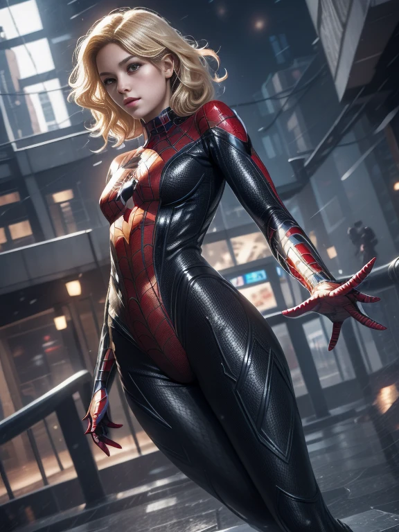 18yo Girl，White Spider-Man suit，short and wavy hair，blondehair，beautifulface，lluvia，teto，The Masterpiece，exquisite detailing，Perfect anatomy，best qulity，ultra-highresolution，4k, Full body Shot
