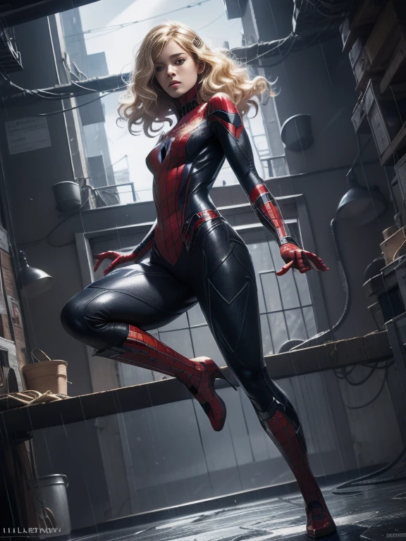 18yo Girl，White Spider-Man suit，short and wavy hair，blondehair，beautifulface，lluvia，teto，The Masterpiece，exquisite detailing，Perfect anatomy，best qulity，ultra-highresolution，4k, Full body Shot
