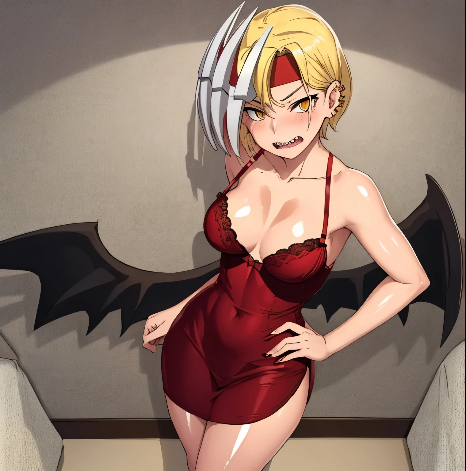 1 girl, alone, ryuko tatsuma, short hair, blonde hair, bare shoulders, wings on head, yellow eyes, red dress, tight dress, ear piercing, big breasts, medium waist, wide hips, medium thighs, round butt , piercing, (red lingerie: 1.1), one-piece lingerie (sharp teeth: 1.2), open mouth, headband, mask, ,sexy body, sexy posture, embarrassed, hand on hip, masterpiece, best quality, very background detailed, perfect lighting, best quality ((glossy skin, shiny skin, detailed skin)),standing, room, bedroom, facing viewer, facing front,pov(from above), focus breasts,perfect anatomy,perfect hands