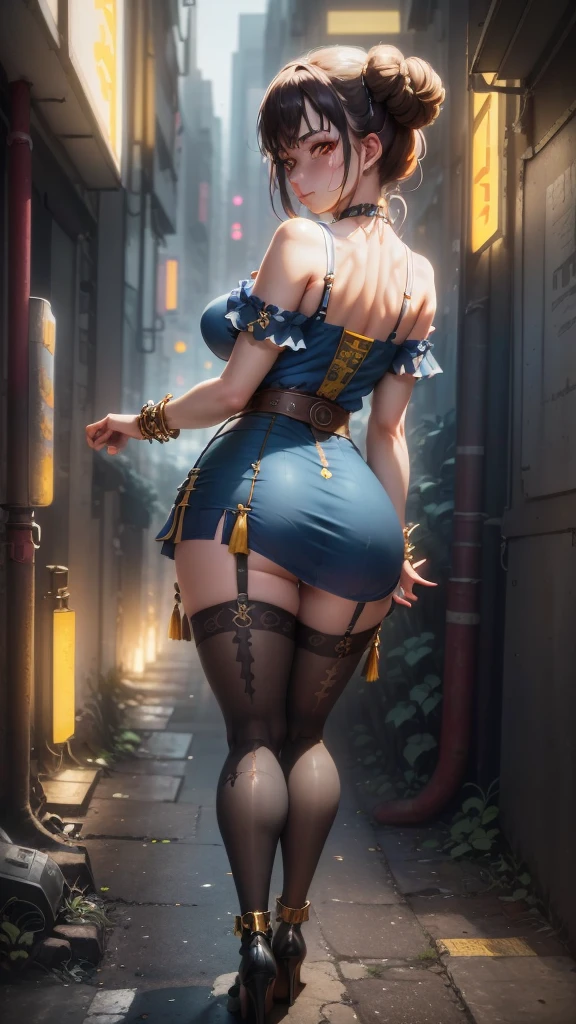 super fine illustration, vibrant colors, absurdres extremely detailed CG, 8k wallpaper, glare, Hong Kong backstreet, night, (upper kick), BROWN EYES SHORT HAIR BROWN HAIR DOUBLE BUN BUN COVER BLUE DRESS PELVIC CURTAIN SPIKED BRACELET SASH BROWN PANTYHOSE, 