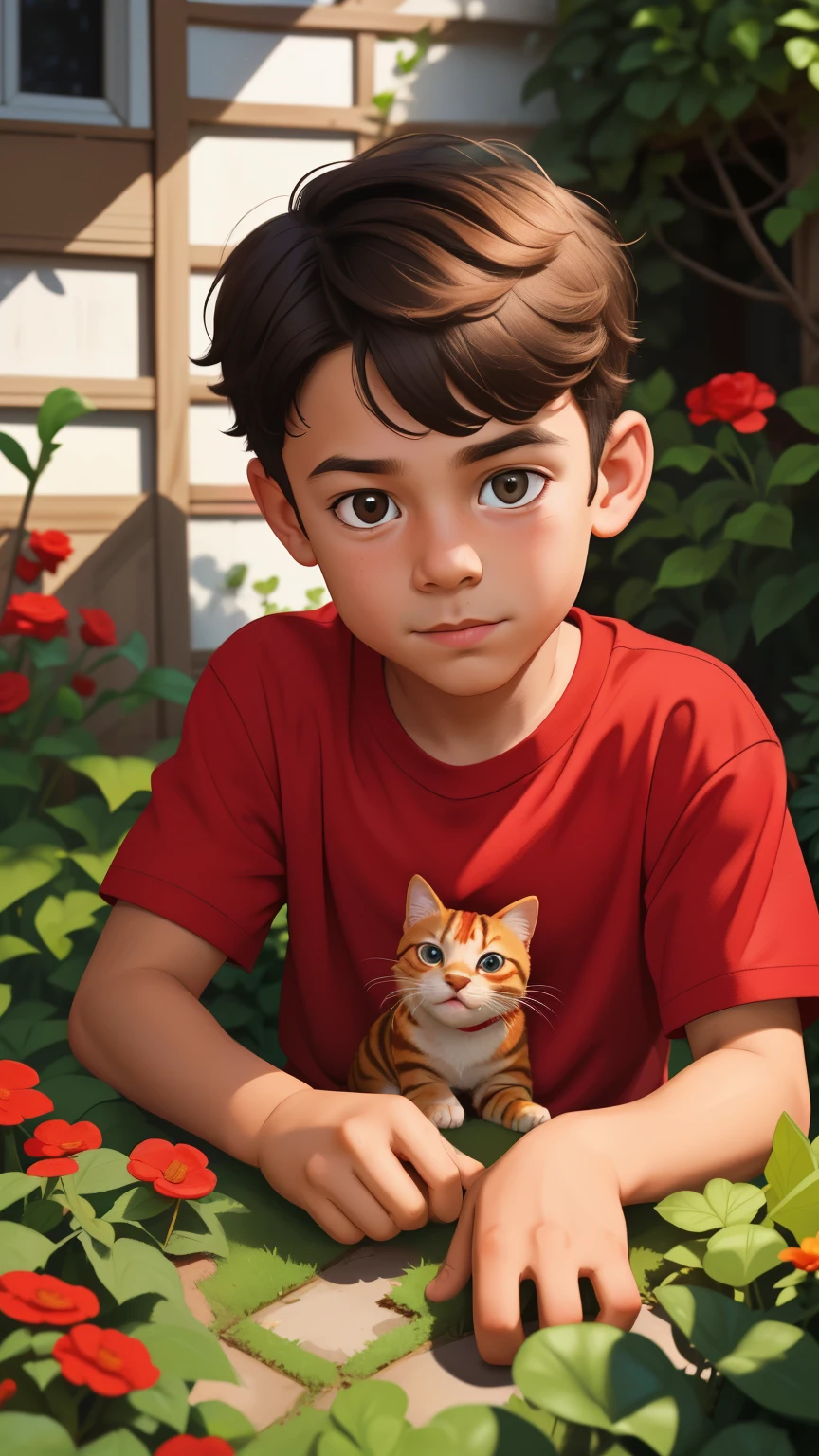 Realistic portrait of a seven-year-old boy, He wears a red shirt . His face is childish and exploratory . He goes out cautiously into the garden of the house,  A small cat is among the bushes and he touches it cautiously ,Not facing the camera,, Hair is untidy , 