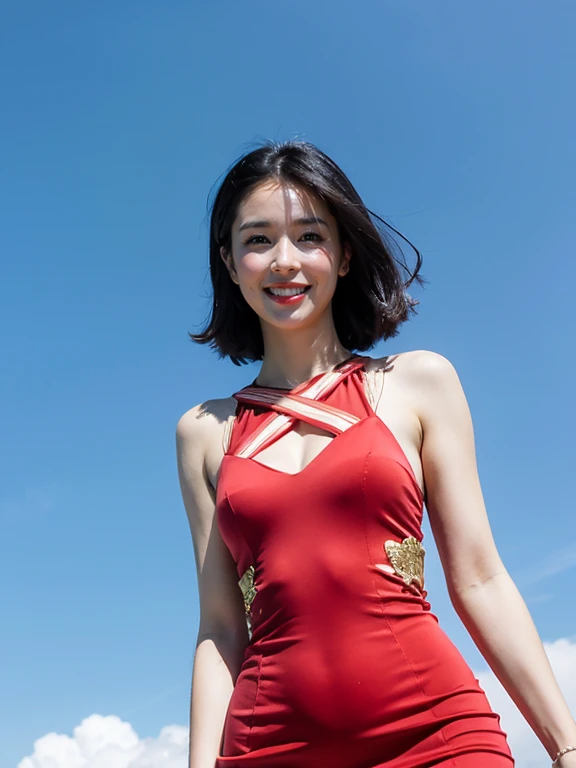 RAW Photos:1.2, (Realistic:1.4), Very detailed,High resolution,highest quality, (Photograph the whole body), CG, 8k wallpaper,Otome, alone, smile, Glamorous figure、Crimson dress with gold trim、blue sky、Contrail、summer