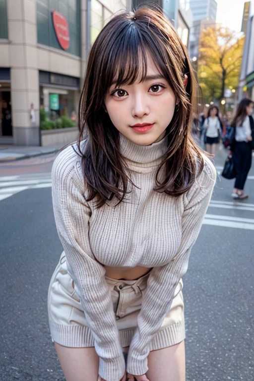 Tabletop, highest quality, 
Super detailed, In detail, High resolution, In 8K,
((Photorealistic:1.4, Raw photo, 超A high resolution,Best image quality: 1.4)),
wallpaper, 
((Perfect body composition 1.5)), 
Beautiful fine details, Natural color lip,
((穏やかなsmile:1.5)),
((Random cute hairstyles)), 
((Quite large breasts、Chest is open:1.2)),
((from the front:1.5)),
((Proudly、Look under the eyes、Proudly、Mole on arm:0.9)),
((Randomly blurred background)),((The Sunset Sun)),((autumn leaves)),
((Random and cute expressions)),, 
Highly detailed and professional lighting、
Perfect dynamic composition, Beautiful fine details,((Leaning forward:1.5)), ((No sleeve,Turtleneck sweater:1.6)),((Micro Mini Skirt:1,5)),((smile,Harajuku)),((sexy shot looking at camera))、Active Angle