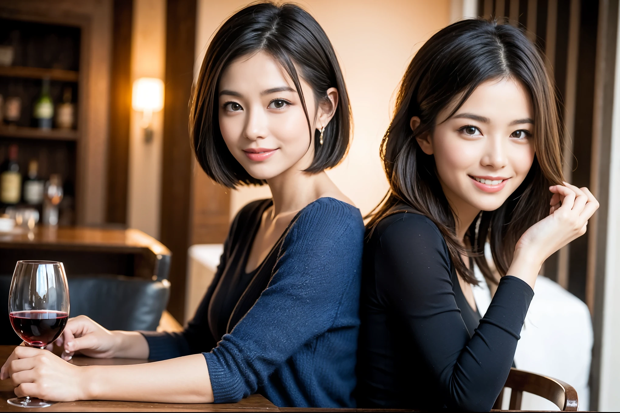 ((highest quality、8k、masterpiece:1.3))、1 male、1 female、石原さとみさん似Couple、Rei Dan Similar Spouse、Couple、The body is slim、((Bob Hale、Straight hair:1.2)), (Realistic, Intricate details:1.2), テーブルの上のwine glass、Shine light on your face、 Amazing view of the sunset sky and clouds、Amazing mountain views、A bright smile、The wonderfulness of smile、Bright image、The beauty of wine, Beautiful Face, blue eyes, The light shines on your face, Blushing, short hair,Bright Face、 (Age 37), 39 years old, red wine 、Appetizers、Italian food、Wine bottle、Champagne、sparkling wine、Two beauties、Brown Hair、Shortcuts、Long sleeve shirt、dress、Pretty Woman 1, (slimな顔), (The body is slim), (Brown Hair), (Shortcuts), cheeks turn a little red,Attractive beauty、restaurant, In a prominent place (From the waist up) Nova Frog Style, actress, model, Upper Body, White wine, slim, wine glass, 中央に置かれたwine glass, smile, (smile: 1.15), Beautiful fine grain, Depth f/2,saturation, High Contrast, Strong light and shadow,Moist Body:1.5、3D texture、Delicate eyes、Brown Hair、The hair is very shiny、