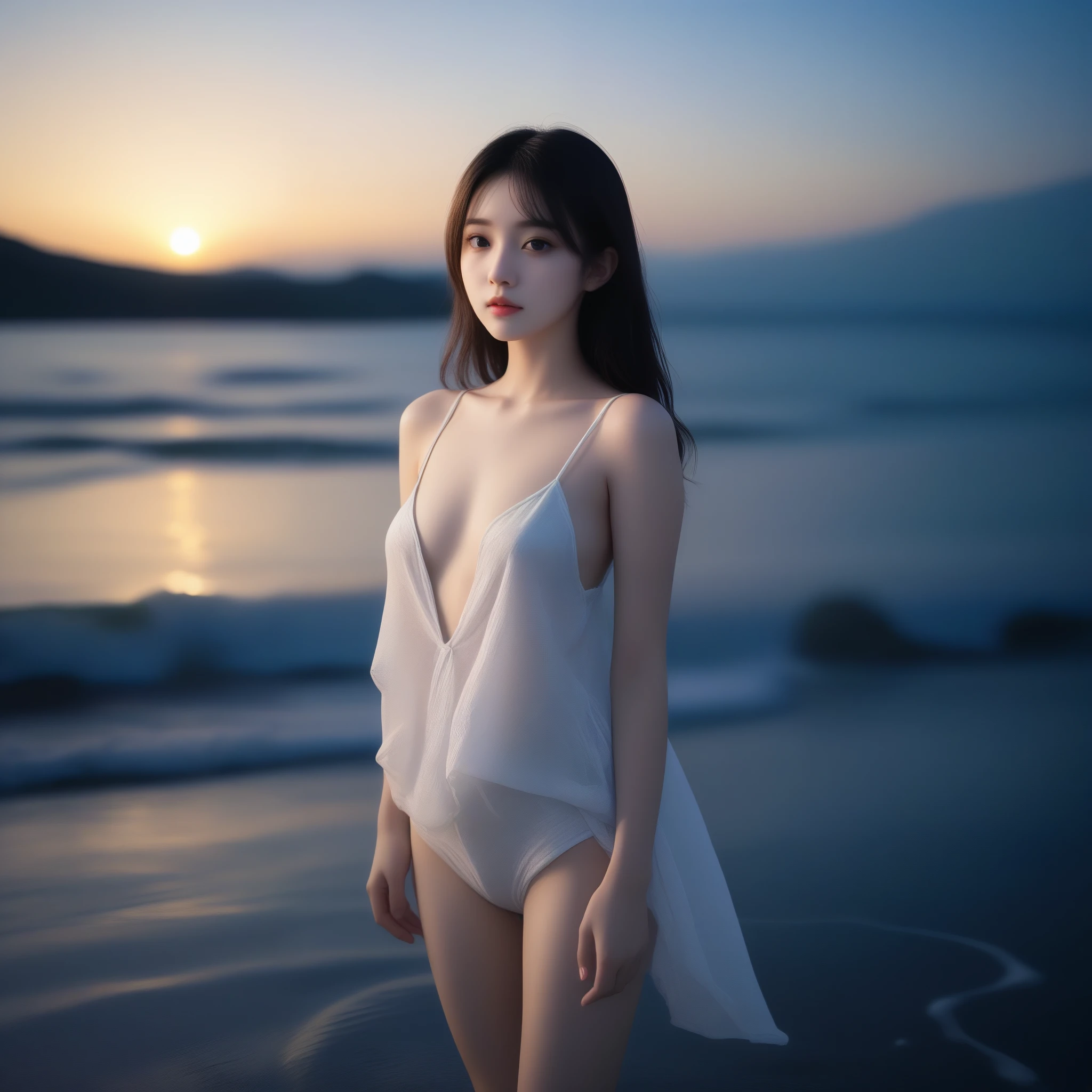 8k, Ultra-high resolution, highest quality, masterpiece, Rule of thirds photography,Surreal, photograph, girl1人, (:1.3), かわいいgirl, Cute Face, Beautiful eyes in every detail, 細かくdetailedに,masterpiece,, 一人のgirl:1.2, Japan Female Announcer,((masterpiece, highest quality)), At night, Light clothing, girl, Put one foot in the water using only your toes, girl standing, girl sideways, girl between the horizon and the sea, Side view, Ripples spread from my toes, The scene is about 20 metres away..., On the Sea, At night, the whole scene is shining, There is a meteor shower,Sexy pose、See through ,Bold Pose,Looking at the audience、beauty,Long neck、Laugh a little、Please close your mouth and laugh、(((Ideal body type))),A cup small breasts :2,whole body、Perfect Anatomy、鮮明なdetailed、detailed、Surreal、Light and shadow,Strong light