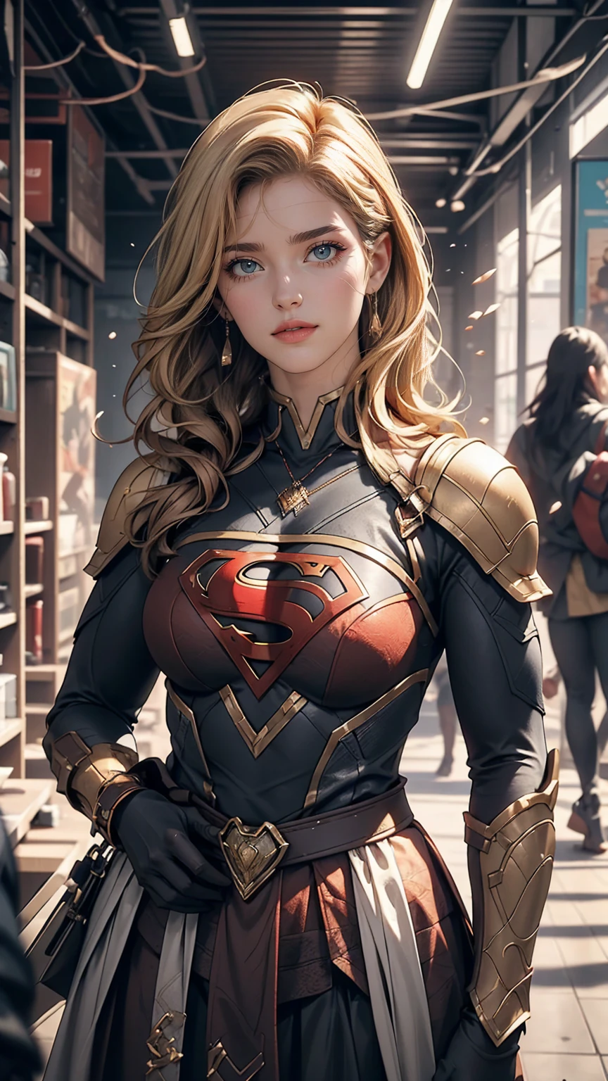 Supergirl, Over the city, Preparing for battle, Detailed artistic photography, Beautifully detailed face, dream-like, shineing, Backlight, Glamour, shine, Shadow, Oil on canvas, Brush strokes, soft, Ultra-high resolution, 8k, Unreal Engine 5, Super focus sharp, ArtJam, Barbaric, sf, complicated art masterpiece, Threatening, Matte Painting Movie Posters, Golden Ratio, CGsociety Trends, complicated, amazing, Very detailed, Vibrant, Filmmaking Character Rendering, Quality Model Ultra High  