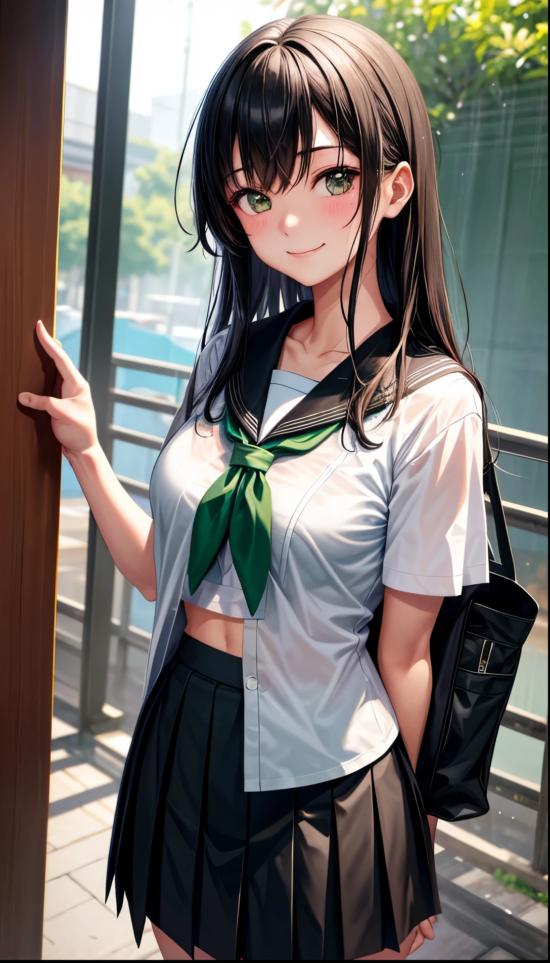 1girl in、A smile、The shirt、skirt by the、（medium tits）Chilarism、Japan High School Student Uniform green and black、serafuku、summer clothing、Squall Drenched Uniform、（Sheer Bra）、Upper body portrait、