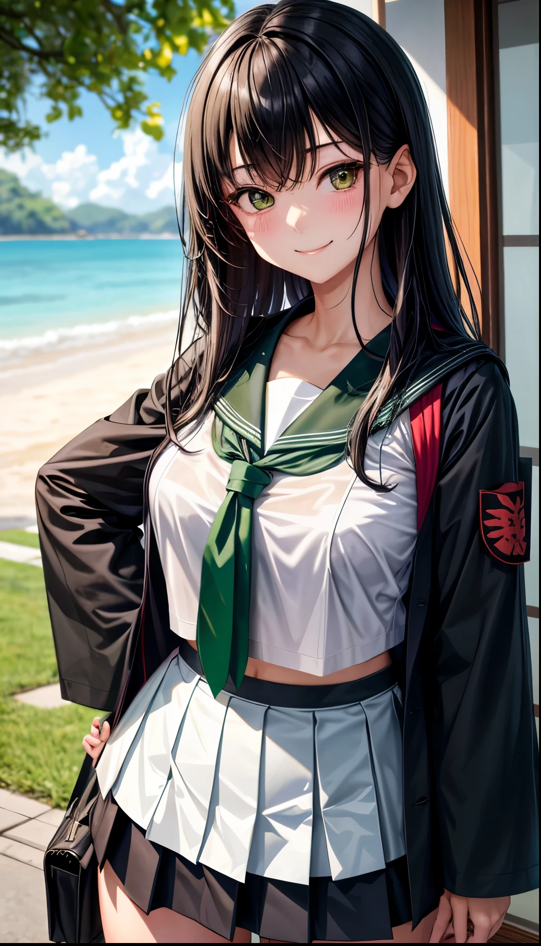 1girl in、A smile、The shirt、skirt by the、(medium tits)Chilarism、Japan High School Student Uniform green and black、serafuku、summer clothing、Squall Drenched Uniform、(Sheer Bra)、Upper body portrait、