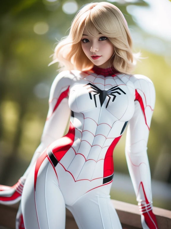 18yo Girl,White Spider-Man suit,short and wavy hair,blondehair,beautifulface,lluvia,teto,The Masterpiece,exquisite detailing,Perfect anatomy,best qulity,ultra-highresolution,4k, Full body Shot