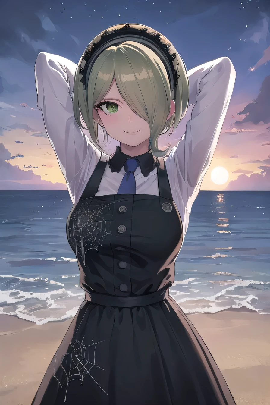 (highly detailed:1.3),
tkirumi, looking at viewer, smile, large breasts, long sleeves, white shirt, green hair, black gloves, hair over one eye, black dress, maid headdress, pinafore dress, looking at viewer, smile, closed mouth, solo, cowboy shot, night sky, beach, arms behind head, contrapposto, spread armpits, looking at viewer, best quality, smile, spider web print, 
Ultra-detail,(highres:1.1),best quality,(masterpiece:1.3), cinematic lighting,  