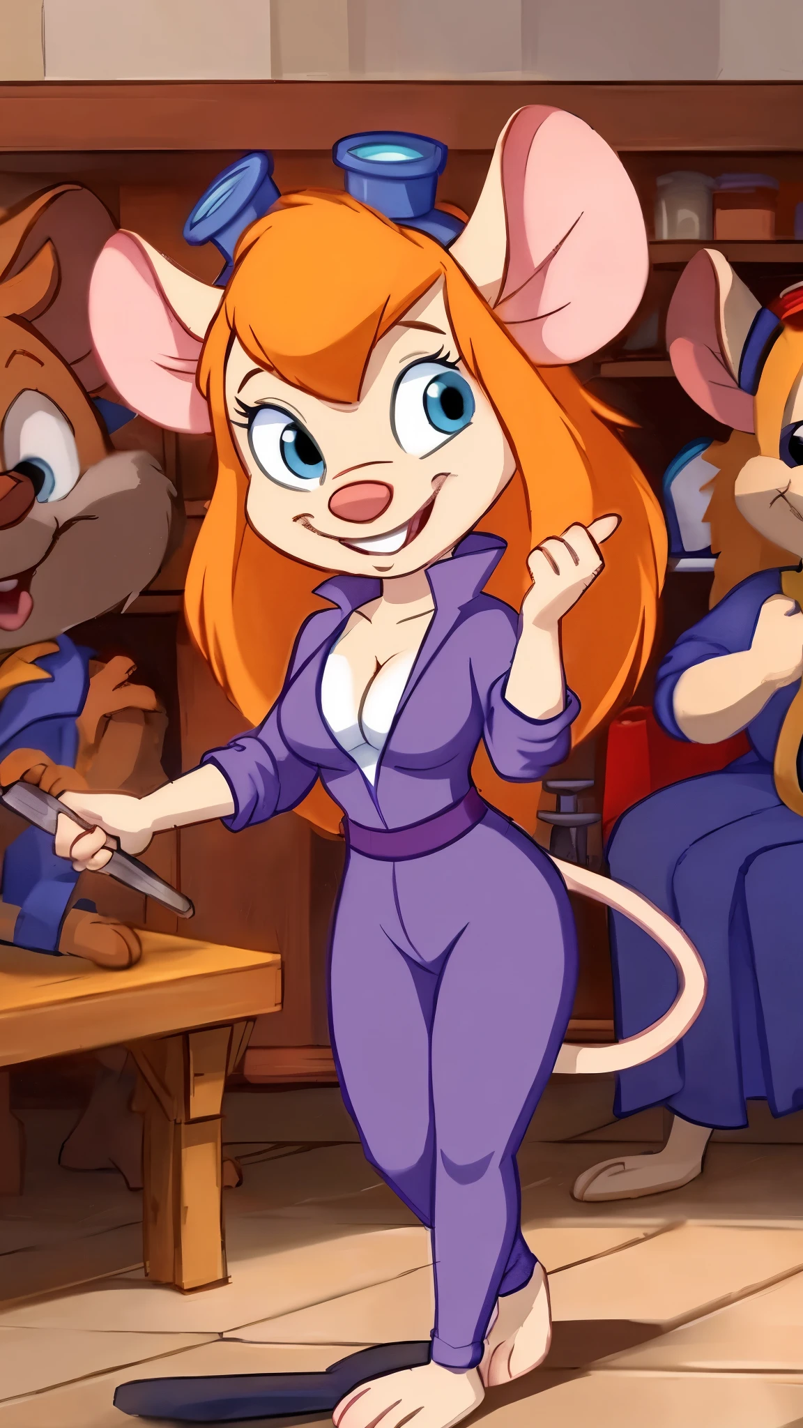 CARTOON_gadget_hackwrench mouse, mouse girl, animal nose, orange hair, jumpsuit, goggles on head, bare feet, animal feet, smiling, long mouse tail, workshop background, cleavage 