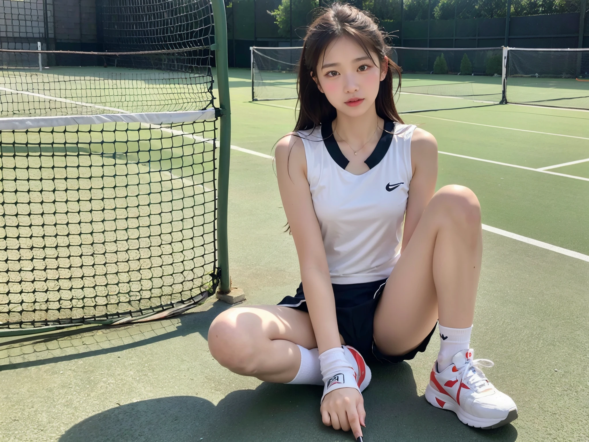 Top quality, one beautiful woman, wearing
tennis uniform, socks, shoes, 35mm lens, f/1, cowboy shot, (white background: 1.2), flat chest, at Tennis court