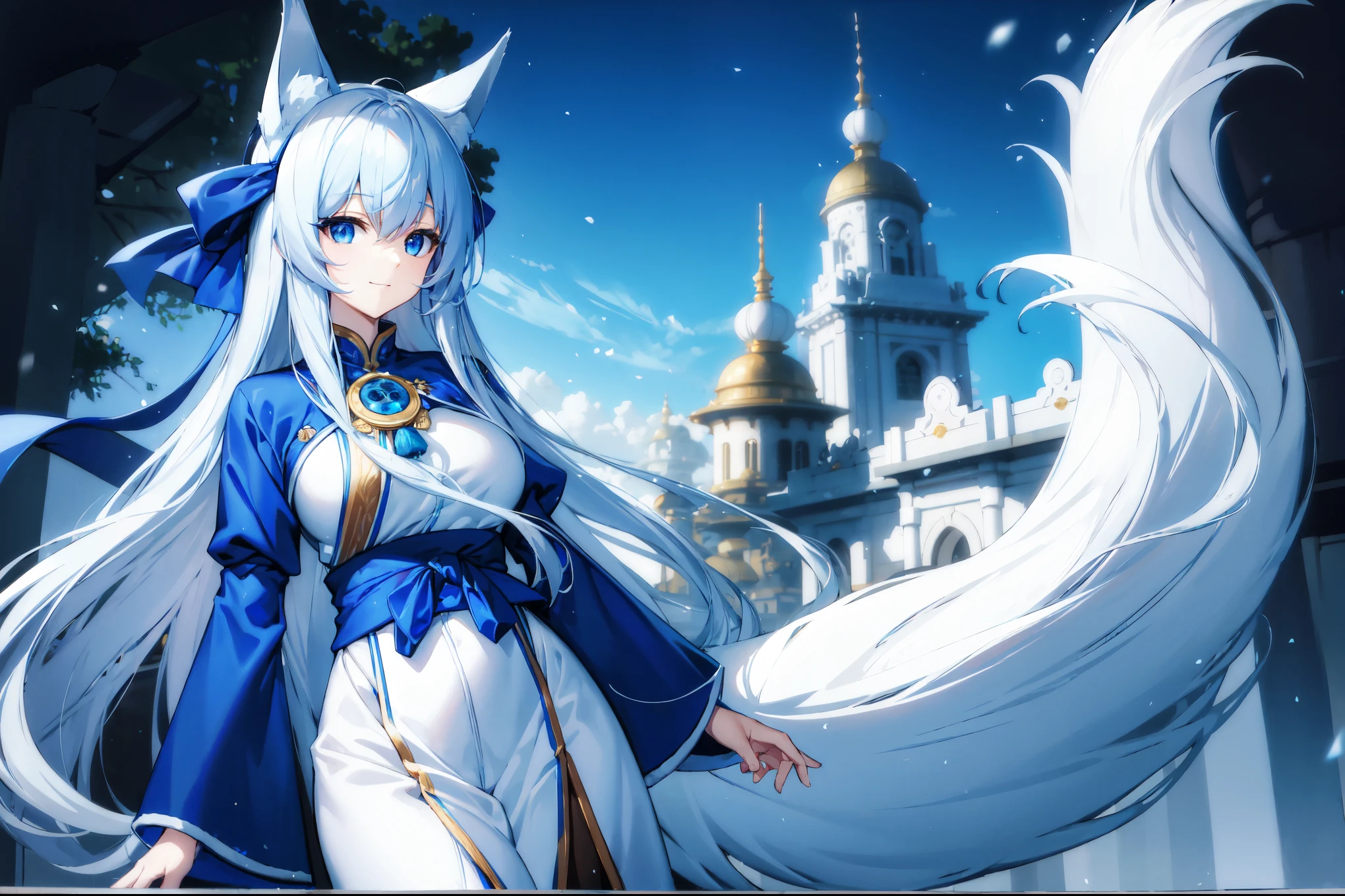 (best quality,highres,masterpiece:1.2),(flatten art:0.7), masterpiece, best quality, 1woman, Anime, darker environment, long white hair, ao dai, blue demon eyes, white fox ear, blue ainu clothes, blue headband, large breast, white fox tail, enticing, night, dark, looking at viewer, solo, winter, snow, faint moonlight, smug face, close-up