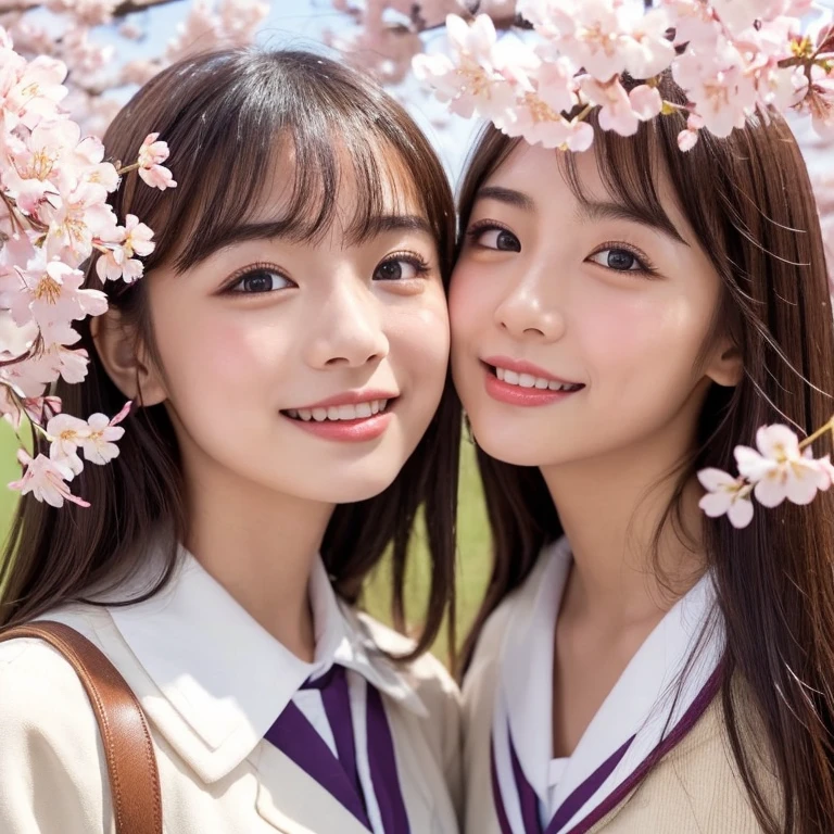 Best_Quality, (masterpiece:1.2) of Hi-Res photo, (realistic and photorealistic with touch of rawness:1.37), (Panoramic) (group photo:1.6), (((SchoolGirls looking down at the camera and Surrounding))), (Filled with many Faces), (NOGIZAKA face variations:1.4), Wearing schooluniform, { pose for a photo | ((Kissing face to face)) }, (((close:1.4, Face closeup from below:1.25))), (((Sky background) with CherryBlossoms)) . BREAK Extremely Detailed KAWAII face variations, captivating gaze, elaborate detailed Eyes with (sparkling highlights:1.2), long eyelashes、Glossy RED Lips with beautiful details, Coquettish tongue, Rosy cheeks, Glistening ivory skin . (Dynamic joyful expressions | :D), Childish .