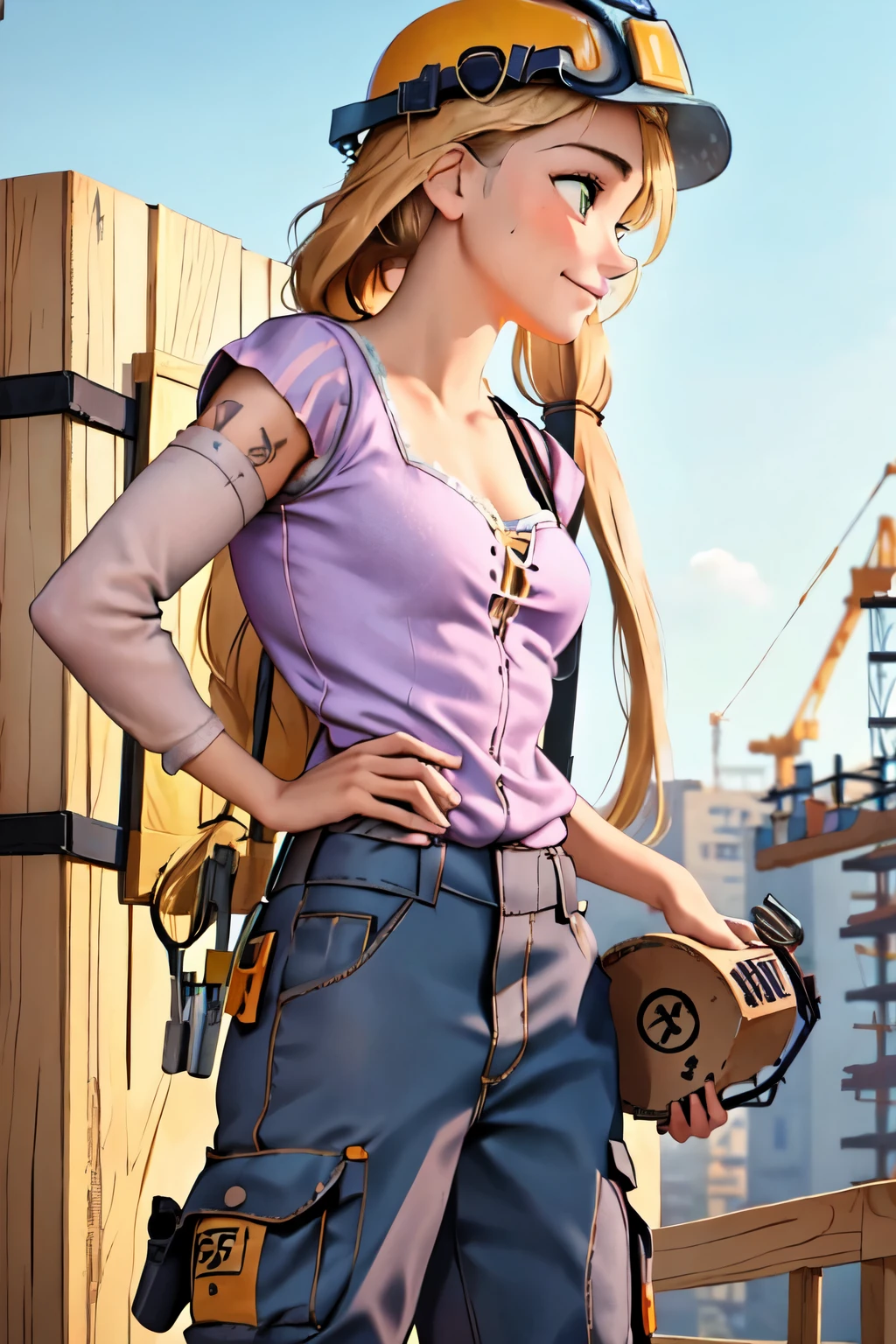 (masterpiece:1.2), (best quality), (ultra detailed), (8k, 4k, intricate),(highly detailed:1.2),(detailed face:1.2), (highly detailed background of construction site wth rebar and cranes),(portrait),detailed landscape,(action pose:1.2),rapunzel  1girl, solo, long hair, looking away from viewer, smile, blonde hair, long sleeves, dress, walking with urgency, side profile of entire body walking, side view of face, very long hair tied up, green eyes, carpenter, woodworker, construction worker, contractor 

Rapunzel portrayed as a construction worker, carrying a large wooden ladder on her shoulder, dressed in carpenters attire, baggy cargo overalls, suspenders, tools in pockets, safety goggles, work gloves, wearing a hardhat/safety helmet, durable work boots, knee pads, bandana, tattoos with floral and sun motifs visble, sweating from brow, determined smirk, holding woodworking tools, working on a construction site, tools and machinery are visble, curvy, beautiful 