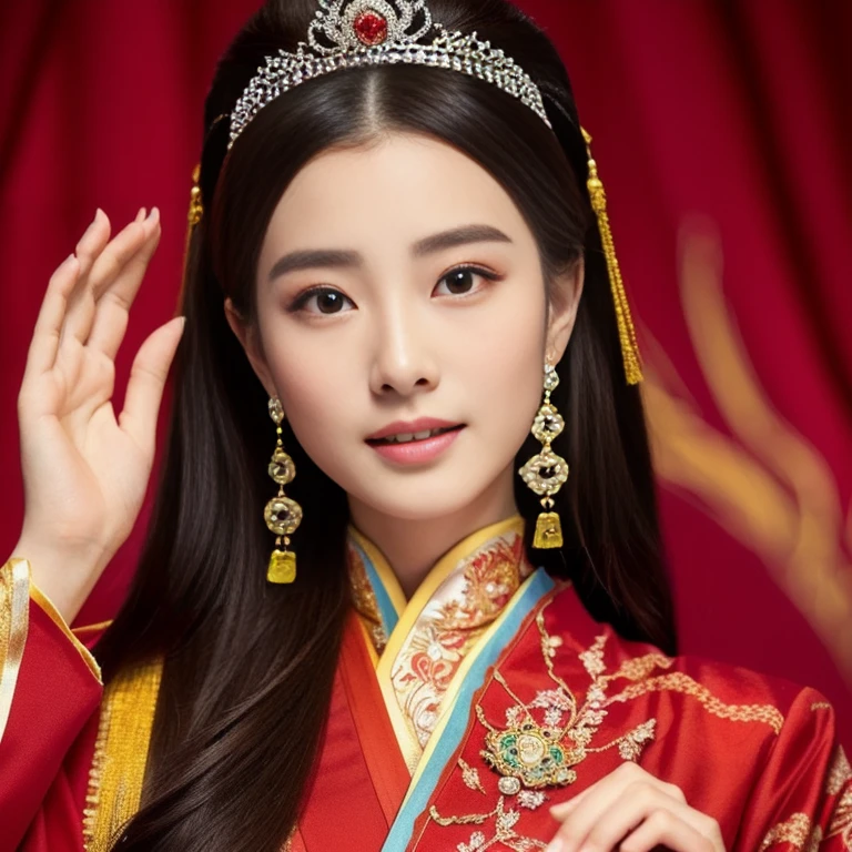 Close-up of woman wearing red dress and tiara, Chinese princess, Chinese style, traditional chinese, Dilraba Dilmurat, สวมChinese dressโบราณ, ancient Chinese princess, palace , a girl in Hanfu, traditional chinese clothing, Empress of China, Fan Bingbing, Inspiration from Huang Ji, Chinese dress, Chinese woman, Hanfu