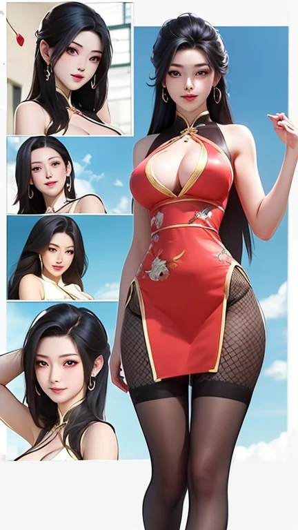 Gorgeous Chinese dress, Sky background, high quality, Painted from head to waist, Sleeveless, Legs in fishnet stockings, Sleeveless, Raise your arms, Armpits exposed,8K,high quality,Japanese cartoons,Married woman,Fair skin,Pretty Face,Small face,Clean,bright,eyes highlights,Sexy,Super big (((Large Breasts)))、((Breast sagging))、Low-cut,(((Cleavage ))),(((Wide hips,)))(((,Hourglass figure))), ((Long legs)),Beautiful line drawing. Black Hair, White skin, Brown eyes,