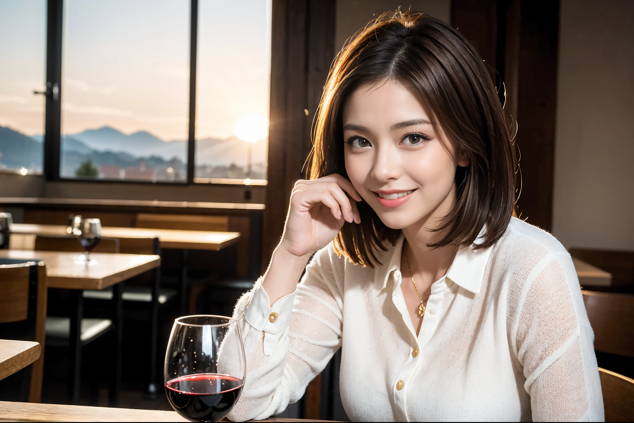 ((highest quality、8k、masterpiece:1.3))、1 male、1 woman who resembles Satomi Ishihara、Couple、Spouse、Couple、The body is slim、((Bob Hale、Straight hair:1.2)), (Realistic, Intricate details:1.2), Wine glass on the table、Put the light on your face、 Amazing view of the sunset sky and clouds、Amazing mountain views、A bright smile、The wonderfulness of smile、Bright image、The beauty of wine, Beautiful Face, blue eyes, The light shines on your face, Blushing, short hair,Bright Face、 (Age 42), 39 years old, red wine 、Appetizers、Italian food、Wine bottle、Champagne、sparkling wine、Two beauties、Brown Hair、Shortcuts、Long sleeve shirt、dress、Pretty Woman 1, (Slim face), (The body is slim), (Brown Hair), (Shortcuts), cheeks turn a little red,Attractive beauty、restaurant, In a prominent place (From the waist up) Nova Frog Style, actress, model, Upper Body, White wine, slim, wine glass, A wine glass placed in the center, smile, (smile: 1.15), Beautiful fine grain, Depth f/2,saturation, High Contrast, Strong light and shadow,Moist Body:1.5、3D texture、Delicate eyes、Brown Hair、The hair is very shiny、