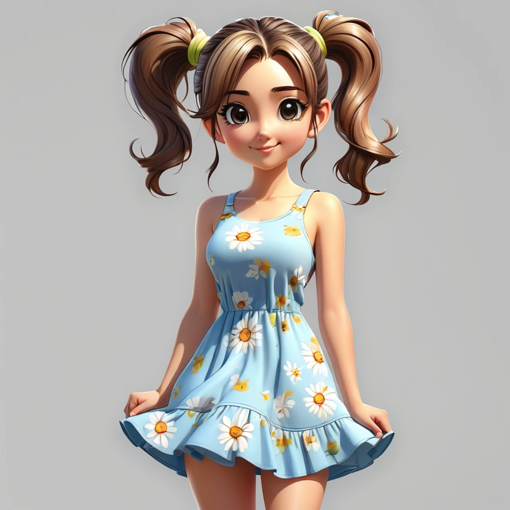 Drawing of a young woman with ponytail and sundress, cute 3d rendering, cute detailed digital art, mini cute girl, cute digital painting, 3d rendering stylized, cute digital art, cute rendering 3d anime girl, little curve , cute! C4D, a single character full body, standing on a white base