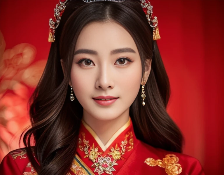 Close-up of woman wearing red dress and tiara, Chinese princess, Chinese style, traditional chinese, Dilraba Dilmurat, สวมChinese dressโบราณ, ancient Chinese princess, palace , a girl in Hanfu, traditional chinese clothing, Empress of China, Fan Bingbing, Inspiration from Huang Ji, Chinese dress, Chinese woman, Hanfu