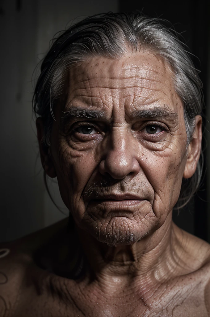 a close-up portrait of an elderly 90-year-old man, extremely detailed and realistic skin texture, expressive and wrinkled face, piercing eyes, long eyelashes, detailed nose and lips, messy gray hair, dramatic lighting, cinematic composition, moody and atmospheric, cinematic color palette, chiaroscuro lighting