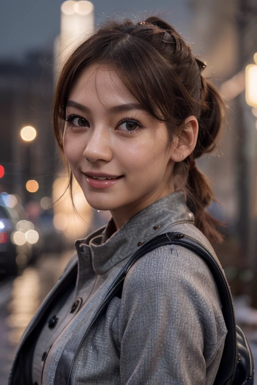 21 years old, small breasts, winter, european cityscape, night, outdoors, wearing a long coat, wearing jeans, close up of face, ((8k, RAW photo, highest quality, debris flies:1.2), (reality, Realistic:1.4), (Highly detailed 8k wallpaper), soft light, Details beauty eye, Shiny and smooth light brown ponytail, shiny skin, super dense skin, High resolution, detailed hairstyle, detailed beauty face, hyper real, perfect limbs, perfect anatomy, 1 Japanese girl, perfect female body, shy smile, short eyelashes, double eyelid, Hair style is ponytail, Realistic Red Sotheby Girl Photo, short bob cut, nude, Backpack, censored