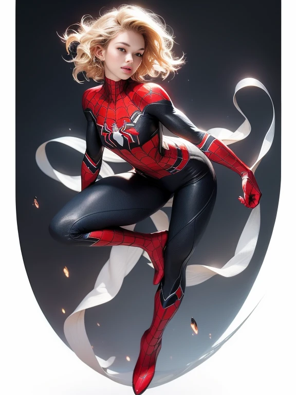 18yo Girl,White Spider-Man suit,short and wavy hair,blondehair,beautifulface,lluvia,teto,The Masterpiece,exquisite detailing,Perfect anatomy,best qulity,ultra-highresolution,4k, Full body Shot