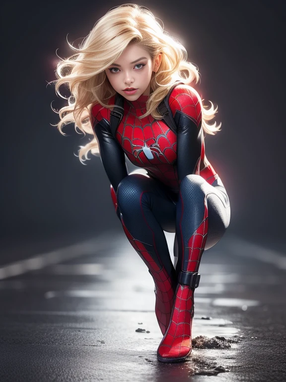18yo Girl,White Spider-Man suit,short and wavy hair,blondehair,beautifulface,lluvia,teto,The Masterpiece,exquisite detailing,Perfect anatomy,best qulity,ultra-highresolution,4k, Full body Shot