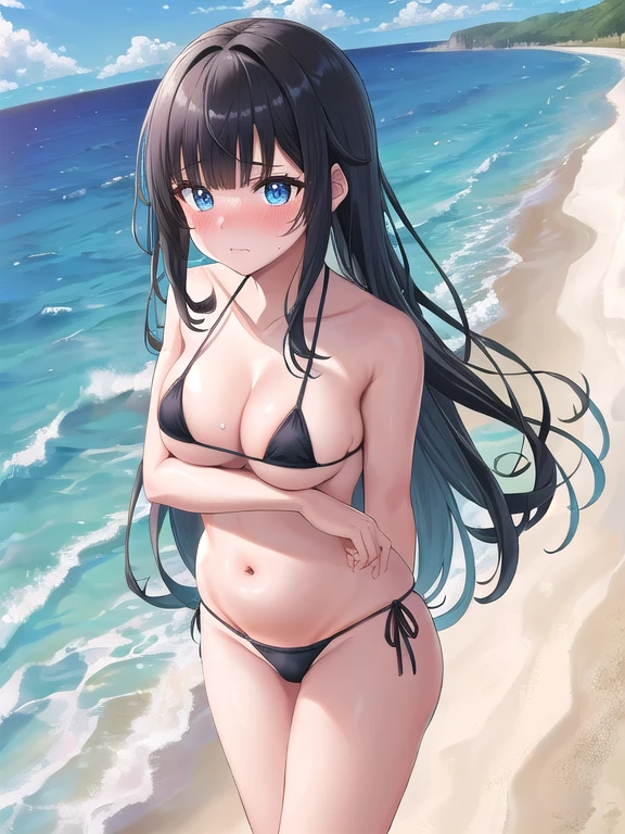(masterpiece:1.3), (Absurd:1.3), (highest quality:1.3), The Hands of Guido Daniele, (Very detailed:1.3), (Best Shadow:0.7), (Processed Hair), One girl, alone, S1, aizawa ema, , (medium Breasts:0.9), (pregnant:0.8), (thick thighs:0.4), (Black hair:1.4), Asymmetrical bangs, Blunt bangs, blue eyes, swimsuit, (micro bikini:1.4), (Black bikini:1.4), no bra, (nipple shape:1.0), no socks, cute face, panic face, (embarrassed:1.1), ocean, beach, outside,