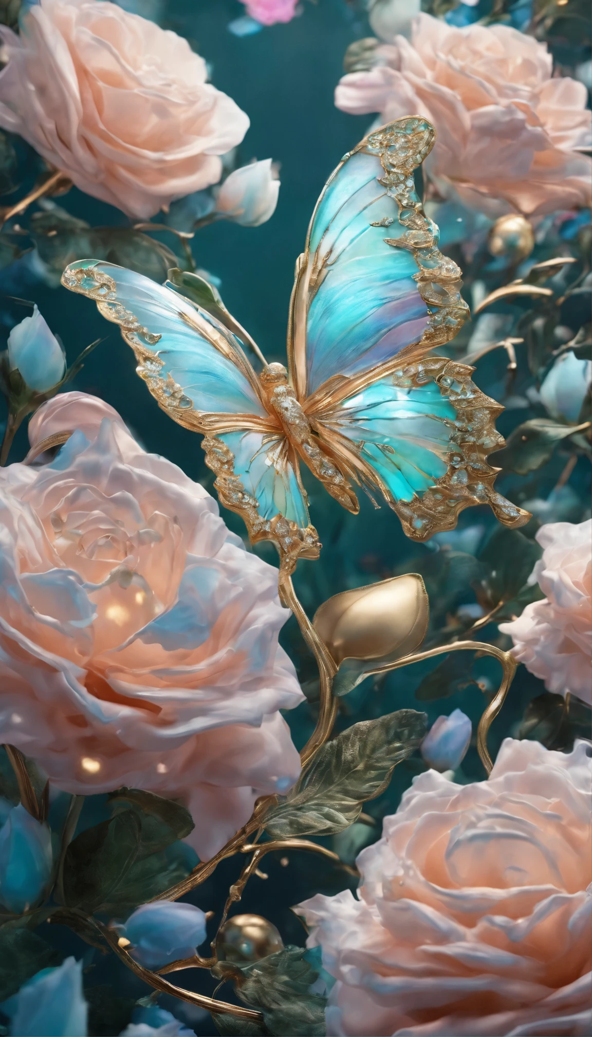 The background is greenblue,moon light,All expressed with jewels, the arrival of spring, various beautiful flower
, Beautiful swallowtail butterfly,angles looking up from below, various jewels falling from the sky, wonderful and beautiful superb view, slightly hazy, fantastic, high resolution, 8K, (best quality, highres, realistic:1.37), shiny metallic flowers, intricate and delicate petals, reflective surfaces, vibrant colors, intricate details, close-up view, surreal garden, surreal beauty, dreamy atmosphere, fine art, abstract botanicals, metallic sculpture, contrasting textures, ethereal glow