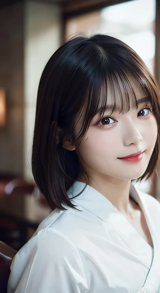 (highest quality,masterpiece:1.3,超A high resolution,),(Ultra-detailed,Caustics),(Photorealistic:1.4,RAW shooting,)Ultra-Realistic Capture,Very detailed,High resolution 16K human skin closeup。 The skin texture is natural、,Pores、It must be detailed enough to be easily identifiable.。 Skin should look healthy and have an even tone。 Use natural light and color,restaurant,Deep V-neck waitress uniform,1 girl,Japanese,18-year-old,cute,Black-haired,Mid-length hair,(Large Breasts:1.2),smile,Turn your body forward,(View from the front:1.2),Looking into the camera,Bust up shot:1.1,focused on the chest:1.1,Chest close-up:1.1