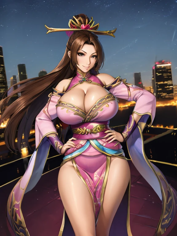 Zhongshan Diaochan, 1 Girl, Solitary, brown hair, long hair, skirt, breast (((大breast)))、((breast下垂))、Low-cut，(((Cleavage )))，(((Wide hips,)))(((,Hourglass figure))), ((Long legs)), Garment cutting, Wrist sleeves, Heart,hat,flower,looking at the audience, Jewelry,Ponytail, city View, night, Become a,Hands on Hips,