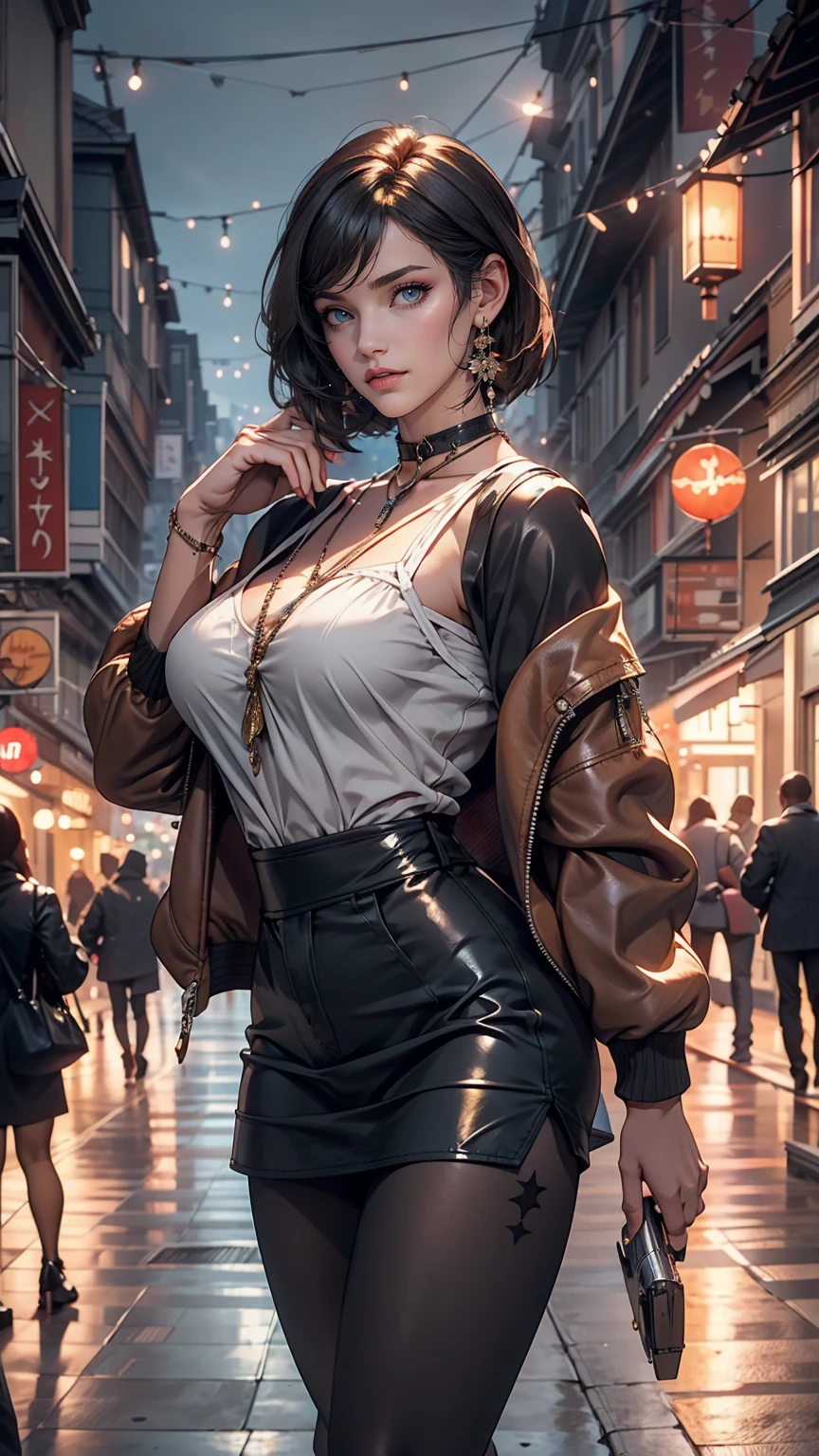 Beautiful 25 year old woman, Black Hair, Bobcut, blue eyes, Big Breasts, Shiny Hair, Choker on neck, leather jacket, With San Francisco in the background, transformation, Evil Aura, night, Earrings, Fishnet tights, detailed, masterpiece, High resolution, (Perfect hands).