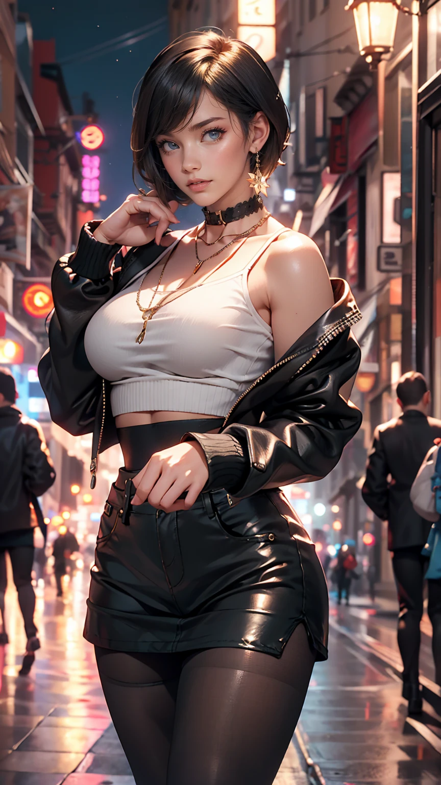Beautiful 25 year old woman, Black Hair, Bobcut, blue eyes, Big Breasts, Shiny Hair, Choker on neck, leather jacket, With San Francisco in the background, transformation, Evil Aura, night, Earrings, Fishnet tights, detailed, masterpiece, High resolution, (Perfect hands).