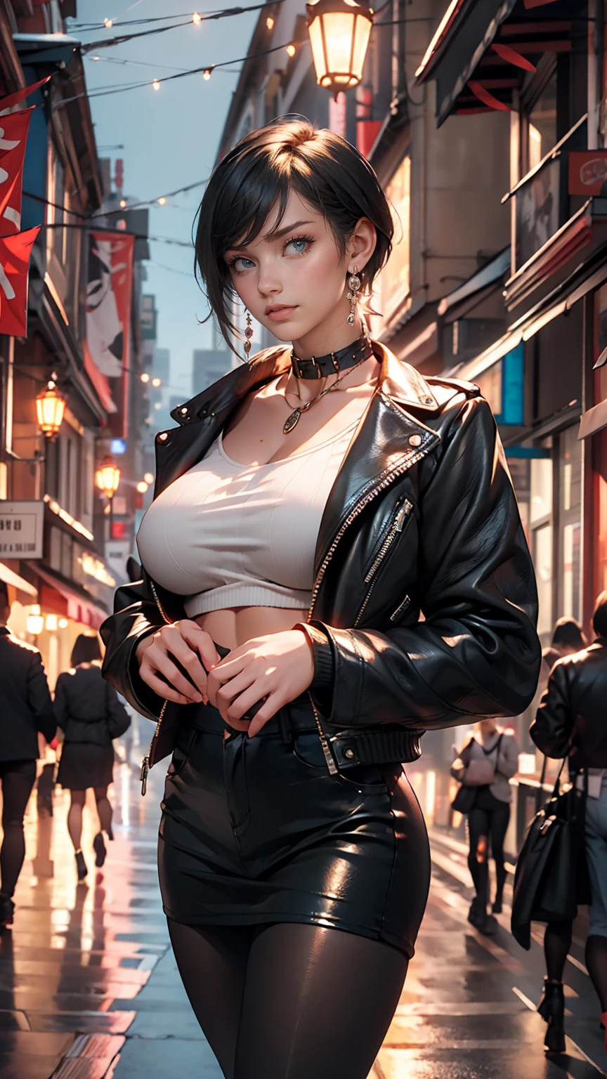 Beautiful 25 year old woman, Black Hair, Bobcut, blue eyes, Big Breasts, Shiny Hair, Choker on neck, leather jacket, With San Francisco in the background, transformation, Evil Aura, night, Earrings, Fishnet tights, detailed, masterpiece, High resolution, (Perfect hands).