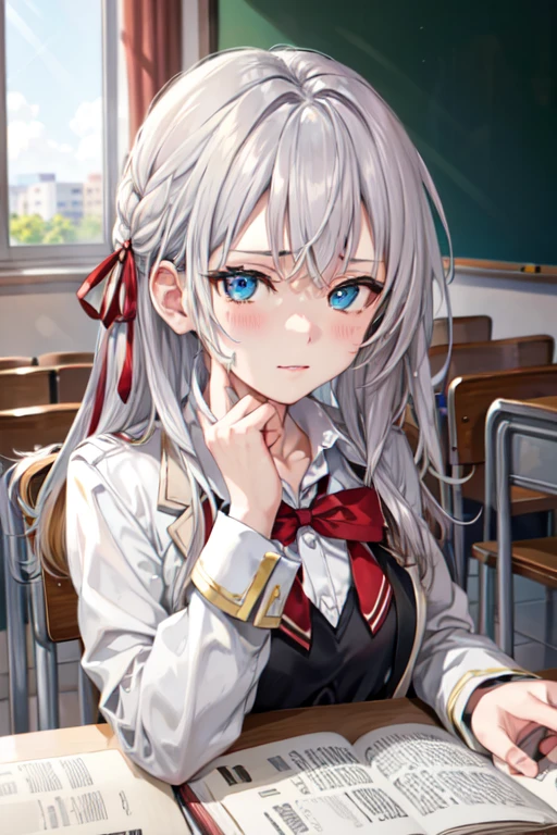 masterpiece, High resolution, highest quality, figure, Cinematic Light, Super detailed, Detailed face, Fine grain, highest quality, Super detailed, masterpiece, Detailed face,Beautiful Face,Perfect body,One girl, Long Hair, blue eyes, shirt, bow, ribbon, ,White jacket, hair ribbon, Gray Hair, Focus Only, bowtie, throw, red bow, red ribbon, red bowtie,cpw boy shot,Seductive posture,classroom
