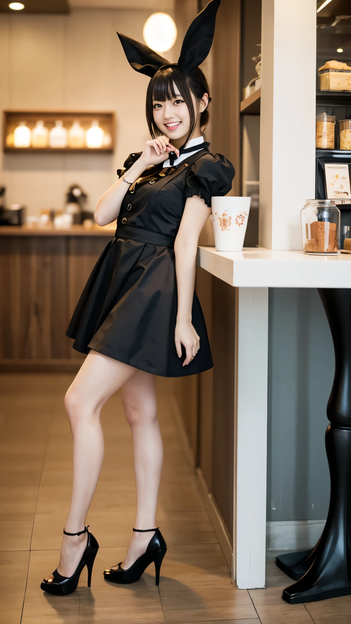 Bunny girl working at maid cafe:1.5，The best smile:1.5，Full Body Shot:1.5，Gray background:1.5，Wearing black high heels:1.5，