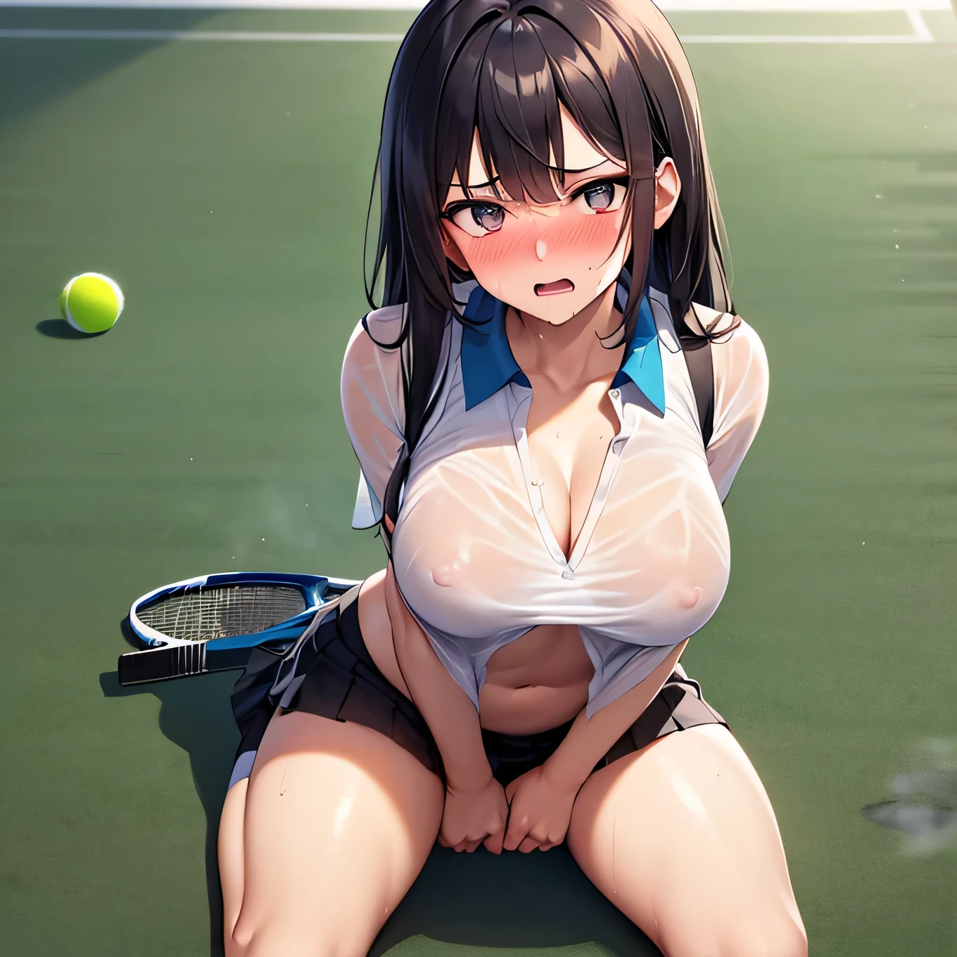 best quality,ultra-detailed,high resolution,extremely detailed CG,perfect anatomy,detailed,cinematic lighting,beautiful detailed eyes,ultra high res,(1girl),15years old,gleaming skin,oil skin,sweat,humid,trembling,strong light coming in,spot lighting,bright,revealing,(sharp eye:1.2),(scowl:1.1),(stare at viewer with stern eyes:1.5),nose blush,(shamefull:1.2), surprised, (embarrassed,blush:1.3),nsfw,(ecstasy:1.3) ,(slut:1.2),(vulgarity:1.3),(:1.1),(steam:1.1),(wet:0.8),(trembling:0.8),(tears:0.7) ,(drooling:0.6),(sweat:0.8),(:1.2),(Tennis uniform:1.2),(Young:1.2),Japanese,(Tennis court:1.2),large breasts,(Random Hairstyles:1.2),Bold Pose,(full body:1.2),skirt,(Sheer tops:1.5),(bra)