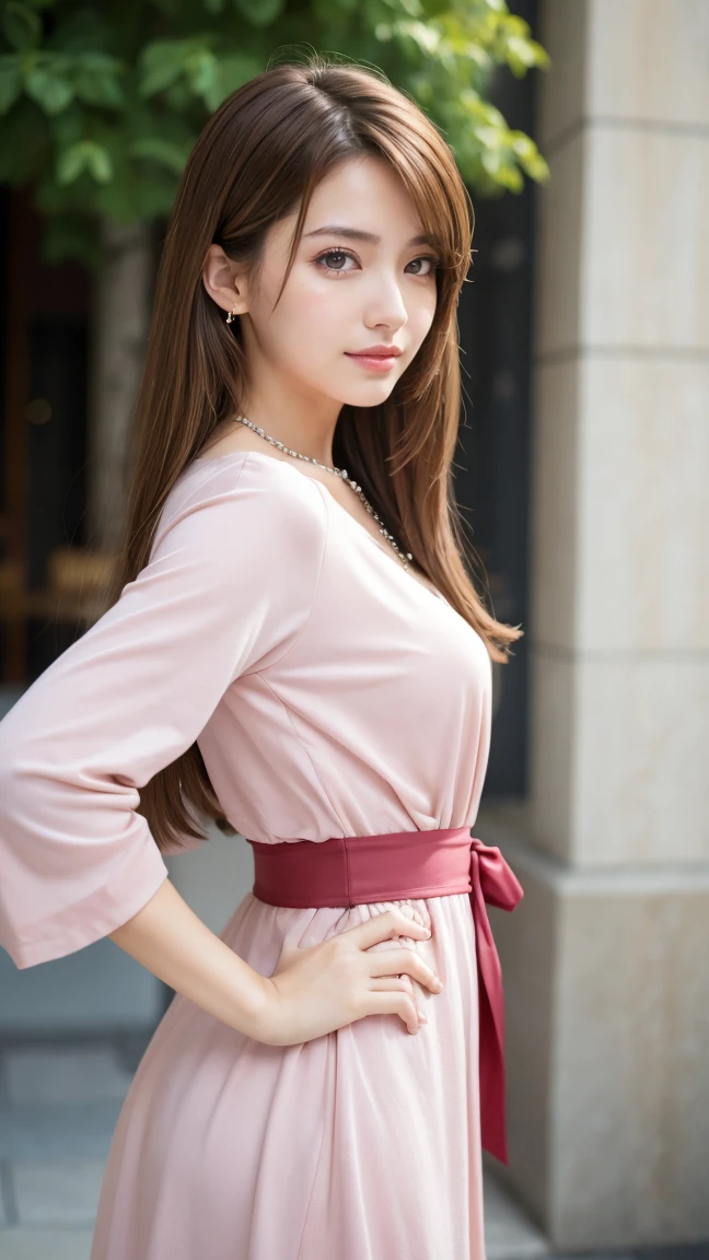 masterpiece、1 beautiful girl、Fine Eyes、smile,Puffy eyes、highest quality, 超High resolution, (reality: 1.4), Cinema Lighting、so beautiful、Beautiful Skin、Body facing forward、Upper Body,Face close-up,(超reality的な)、(High resolution)、(8k)、(Very detailed)、(美しくFine Eyes)、(Very detailed)、 (wall-)、Detailed face、Bright lighting、Professional Lighting、Looking at the audience、Look straight ahead、斜めの前hair、完璧なCosplay,highest quality,masterpiece,8k wallpaper,Confused, High resolution, Very detailed, (One beautiful girl, alone:1.1),Aerith Gainsbourg \(Cosplay\),red_Jacket, necklace,Brown_hair,length_hair,bracelet,pink_dress,hair_ribbon,Hands on hips,terrace