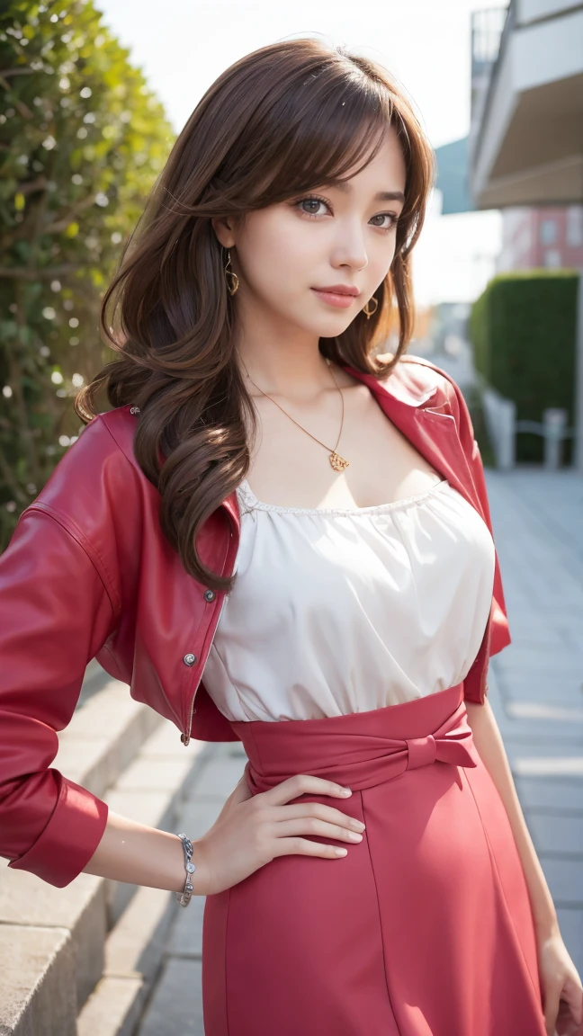 masterpiece、1 beautiful girl、Fine Eyes、smile,Puffy eyes、highest quality, 超High resolution, (reality: 1.4), Cinema Lighting、so beautiful、Beautiful Skin、Body facing forward、Upper Body,Face close-up,(超reality的な)、(High resolution)、(8k)、(Very detailed)、(美しくFine Eyes)、(Very detailed)、 (wall-)、Detailed face、Bright lighting、Professional Lighting、Looking at the audience、Look straight ahead、斜めの前hair、完璧なCosplay,highest quality,masterpiece,8k wallpaper,Confused, High resolution, Very detailed, (One beautiful girl, alone:1.1),Aerith Gainsbourg \(Cosplay\),red_Jacket, necklace,Brown_hair,length_hair,bracelet,pink_dress,hair_ribbon,Hands on hips,terrace