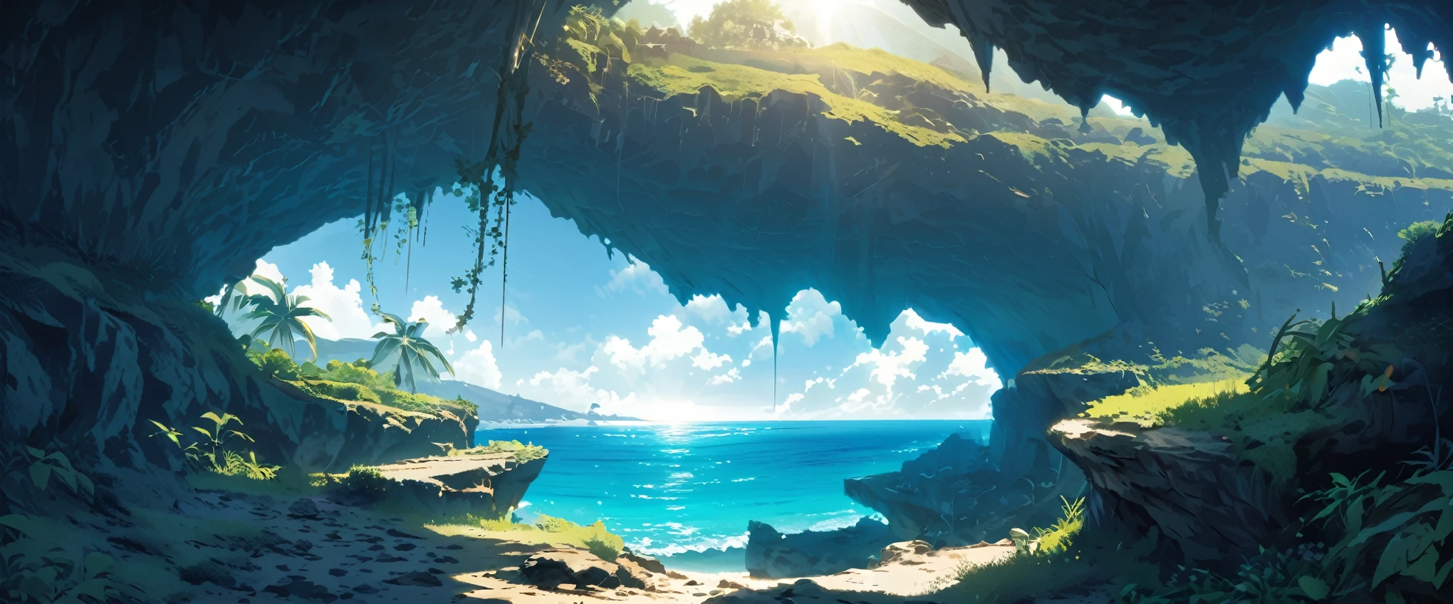 scenery, wallpaper, sea, cave, horizon, The sea seen from inside the cave, beach in cave, vines grow in the cave, noon, bright, transparent, clear color, beam of light