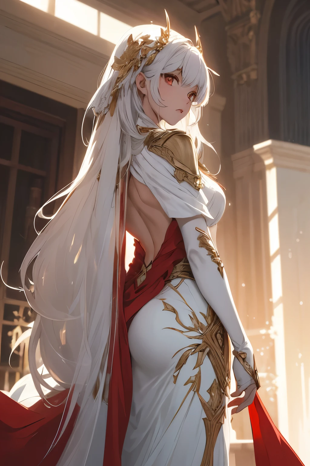 Enchanting and fearless, a captivating female character graces the scene. Her long, verdant hair cascades down her back, shimmering with an ethereal glow under the soft, subdued light. Two delicate, fiery-red wings reside atop her head, subtly accentuating her regal aura.
She dons a pristine, immaculate white full armor reminiscent of ancient cataphracts, each plate meticulously crafted to protect her every inch. The heavy armor envelops her entire body, emanating an air of invincibility that commands respect. A fiery red cape billows behind her, symbol