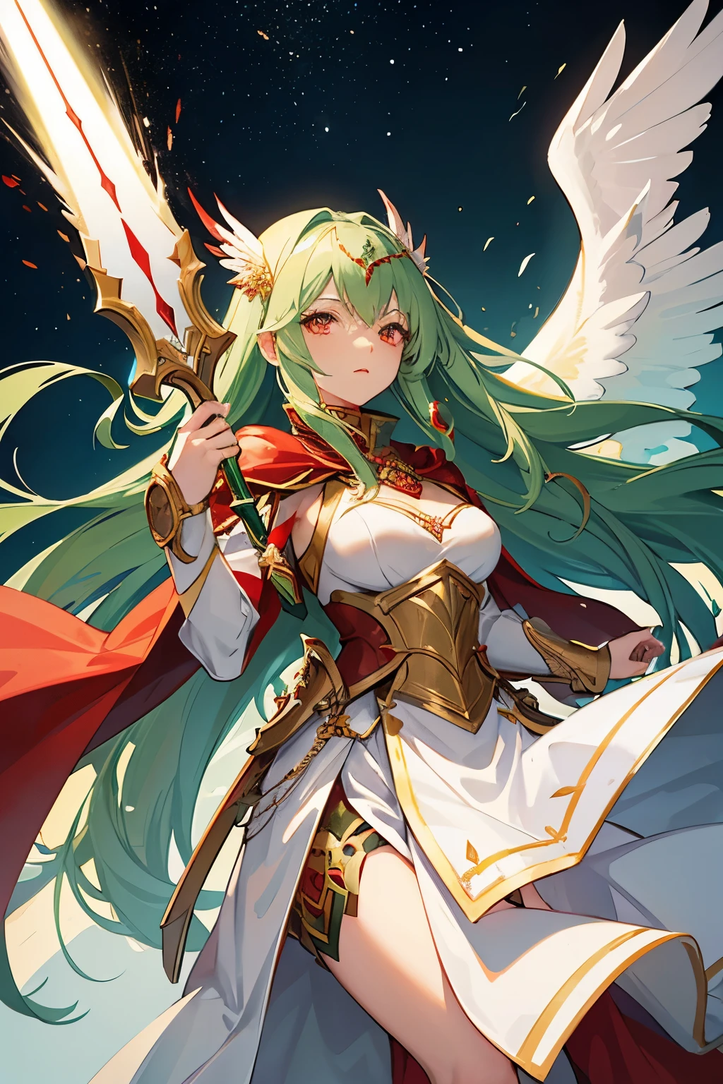 Woman, long green hair, red eyes, two small wings adorning her head, white full armor, heavy armor covering her entire body cataprax style, red cape, fearlessness, holding a shining spear, legendary character, natural lipstick.