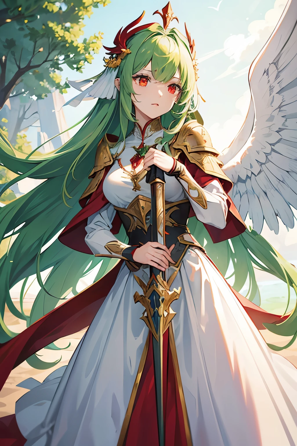 Woman, long green hair, red eyes, two small wings adorning her head, white full armor, heavy armor covering her entire body cataprax style, red cape, fearlessness, holding a shining spear, legendary character, natural lipstick.