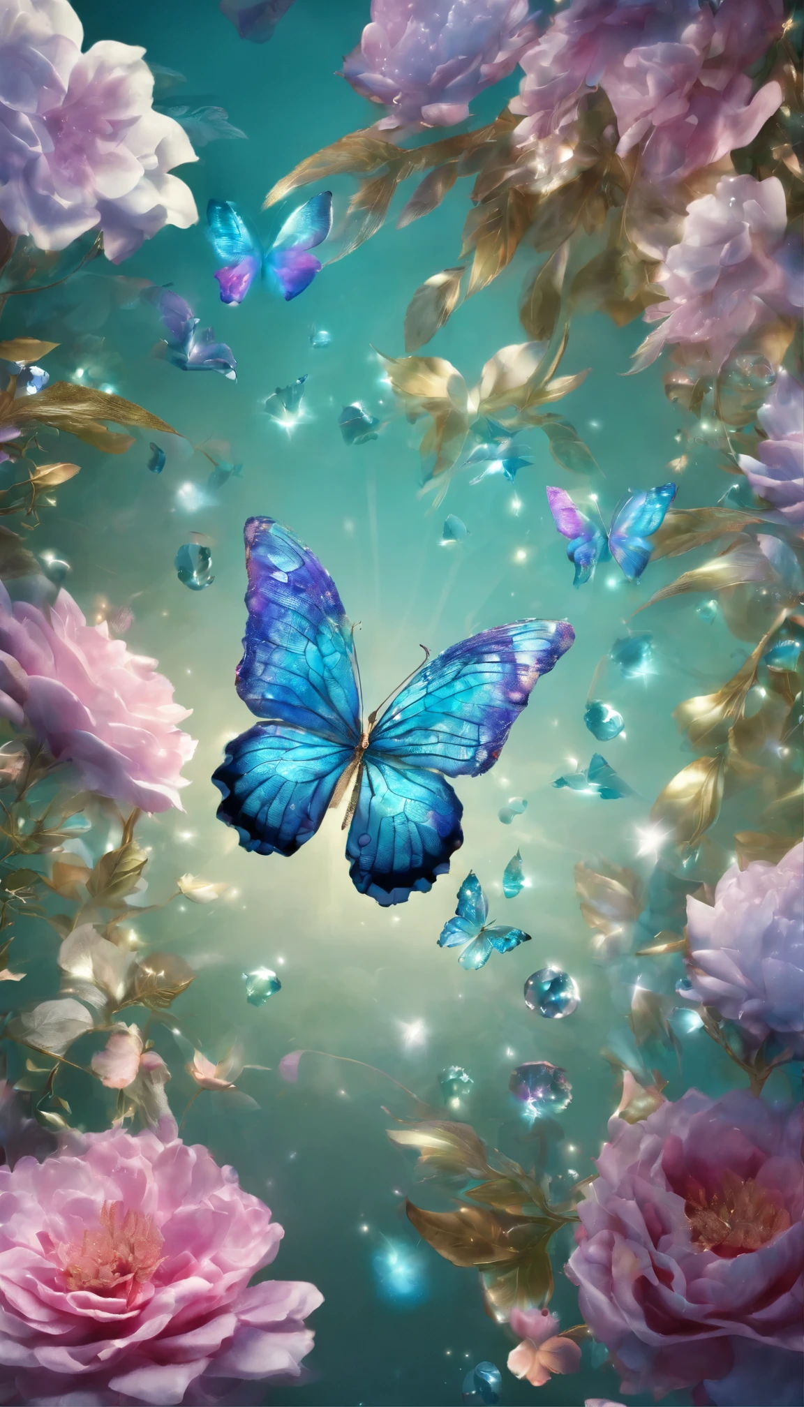The background is greenblue,moon light,All expressed with jewels, the arrival of spring, various beautiful flower
, Beautiful rainbow swallowtail butterfly,angles looking up from below, various jewels falling from the sky, wonderful and beautiful superb view, slightly hazy, fantastic, high resolution, 8K, (best quality, highres, realistic:1.37), shiny metallic flowers, intricate and delicate petals, reflective surfaces, vibrant colors, intricate details, close-up view, surreal garden, surreal beauty, dreamy atmosphere, fine art, abstract botanicals, metallic sculpture, contrasting textures, ethereal glow