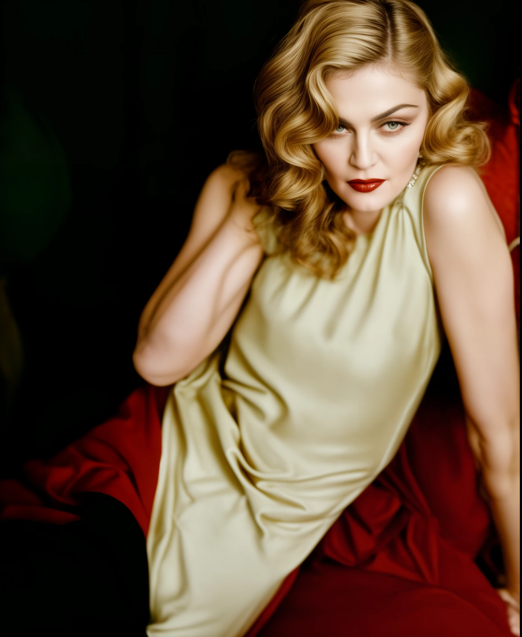 raw color photo of araffe woman in a dress sitting on a couch with a hand on her head, madonna, madonna portrait, ellen von unwerth, madonna genderbend elegant, inspired by George Hurrell, seductive lady, detailed portrait of madonna, steven meisel photography, looking seductive, glamorous pose, seductive, gorgeous, in style of paolo roversi, unreleased