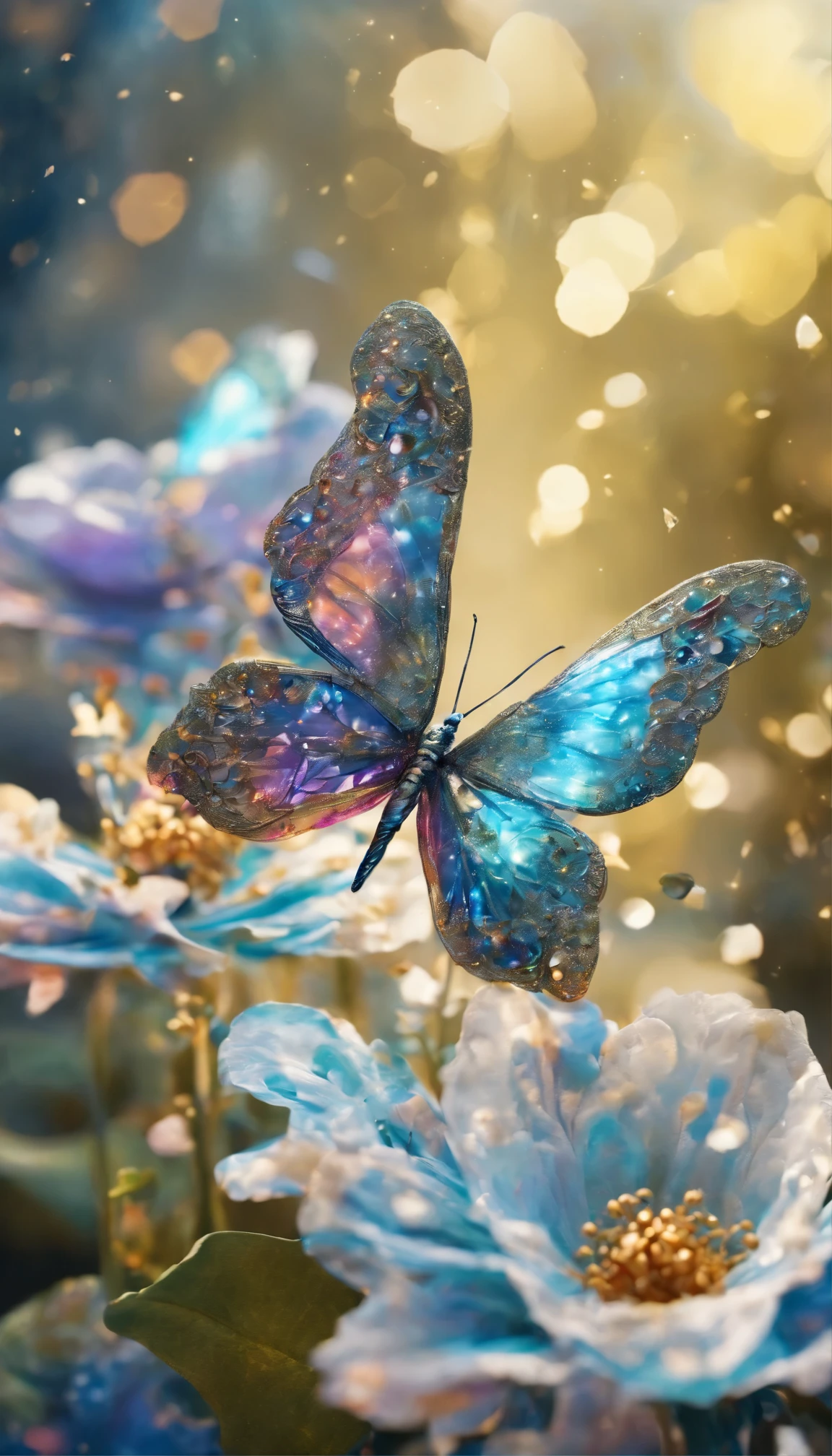 The background is greenblue,moon light,All expressed with jewels, the arrival of spring, various beautiful flower
, Beautiful yellow swallowtail butterfly,angles looking up from below, various jewels falling from the sky, wonderful and beautiful superb view, slightly hazy, fantastic, high resolution, 8K, (best quality, highres, realistic:1.37), shiny metallic flowers, intricate and delicate petals, reflective surfaces, vibrant colors, intricate details, close-up view, surreal garden, surreal beauty, dreamy atmosphere, fine art, abstract botanicals, metallic sculpture, contrasting textures, ethereal glow